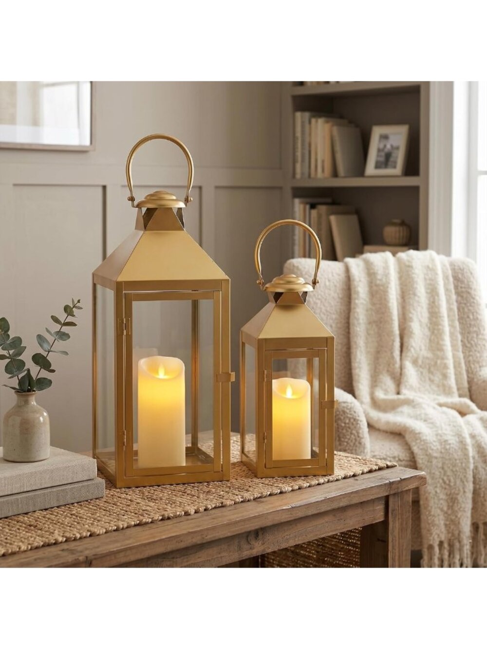 Set of 2 Gold Decorative Candle Lanterns - Metal Hanging Holders for Home Decor